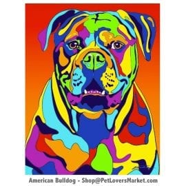 Dog Portraits: Bulldog Art. Dog paintings and dog portraits by Michael Vistia. Bulldog art is available in canvas prints and matted prints. American Bulldog dog breed.