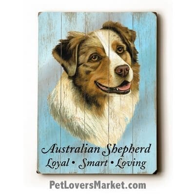 Australian Shepherd: Dog Picture, Dog Print, Dog Art. Wall Art and Wooden Signs with Dog Pictures and Dog Quotes. Features Australian Shepherd Dog Breed.