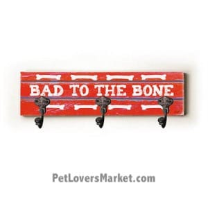 Wall Hooks for Dog Lovers: "Bad to the Bone". Use as coat hooks, wall mounted coat rack, key holder, key rack, leash holder, gifts for dog lovers. Long: 6" x 22"