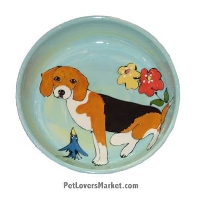 Beagle Dog Bowl (Spice). Ceramic Dog Bowls; Designer Dog Bowls; Cute Dog Bowls. Dog Bowls are Made in USA. Hand-painted. Lead Free. Microwave Safe. Dishwasher Safe. Food Safe. Pet Safe. Design features Beagle dog breed.