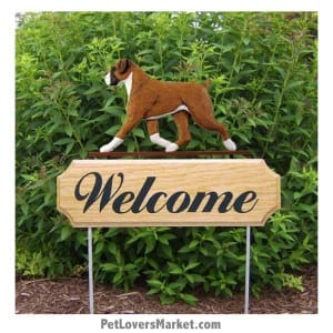 Welcome Sign with Boxer dog breed (Fawn Natural) Welcome sign and dog sign for dog lovers. Welcome sign is perfect for home and garden decor, garden accents, outdoor accents, unique garden statues, garden statues online, best garden decor, garden stake decor, decorative garden stake, outdoor home accents, unique garden decor, outdoor home decor. Features Boxer dog breed.