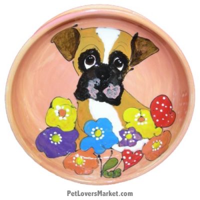 Boxer Dog Bowl (Frandandy). Ceramic Dog Bowls; Designer Dog Bowls; Cute Dog Bowls. Dog Bowls are Made in USA. Hand-painted. Lead Free. Microwave Safe. Dishwasher Safe. Food Safe. Pet Safe. Design features Boxer dog breed.