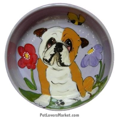 Bulldog Dog Bowl (Lord Byron). Ceramic Dog Bowls; Designer Dog Bowls; Cute Dog Bowls. Dog Bowls are Made in USA. Hand-painted. Lead Free. Microwave Safe. Dishwasher Safe. Food Safe. Pet Safe. Design features Bulldog dog breed.