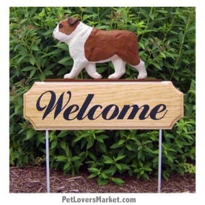 Welcome Sign with Bulldog dog breed (Red) Welcome sign and dog sign for dog lovers. Welcome sign is perfect for home and garden decor, garden accents, outdoor accents, unique garden statues, garden statues online, best garden decor, garden stake decor, decorative garden stake, outdoor home accents, unique garden decor, outdoor home decor. Features Bulldog dog breed.