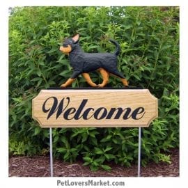 Welcome Sign with Chihuahua (Black/Tan). Welcome sign and dog sign for dog lovers. Welcome sign is perfect for home and garden decor, garden accents, outdoor accents, unique garden statues, garden statues online, best garden decor, garden stake decor, decorative garden stake, outdoor home accents, unique garden decor, outdoor home decor. Features the Chihuahua dog breed.