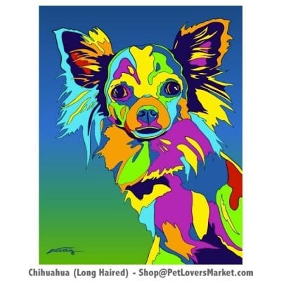 Dog Portraits: Chihuahua art and Cairn Terrier Gifts. Dog paintings and dog portraits by Michael Vistia. Chihuahua art is available in canvas prints and matted prints. Dog painting features the long haired Chihuahua dog breed.