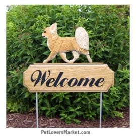 Welcome Sign with Chihuahua (Long Haired, Fawn). Welcome sign and dog sign for dog lovers. Welcome sign is perfect for home and garden decor, garden accents, outdoor accents, unique garden statues, garden statues online, best garden decor, garden stake decor, decorative garden stake, outdoor home accents, unique garden decor, outdoor home decor. Features the Chihuahua dog breed.