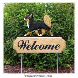 Welcome Sign with Chihuahua (Long Haired, Tricolor). Welcome sign and dog sign for dog lovers. Welcome sign is perfect for home and garden decor, garden accents, outdoor accents, unique garden statues, garden statues online, best garden decor, garden stake decor, decorative garden stake, outdoor home accents, unique garden decor, outdoor home decor. Features the Chihuahua dog breed.