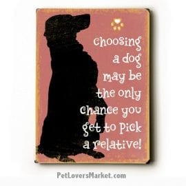 "Choosing a Dog May be the Only Chance You Get to Pick a Relative!" - Funny dog signs with funny dog quotes. Gifts for Dog Lovers. Wooden sign.