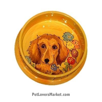 Dachshund Dog Bowl (Diddle Dee Dunk). Ceramic Dog Bowls; Designer Dog Bowls; Cute Dog Bowls. Dog Bowls are Made in USA. Hand-painted. Lead Free. Microwave Safe. Dishwasher Safe. Food Safe. Pet Safe. Design features Dachshund dog breed.