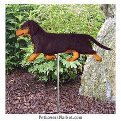 Dachshund Yard Sign / Garden Stake. Garden Accents and Gifts for Dog Lovers. Perfect for Home and Garden Decor. Part of our collection of yard signs and garden accents -- with dog breeds. Also use for outdoor accents, unique garden statues, garden statues online, best garden decor, garden stake decor, decorative garden stake, outdoor home accents, unique garden decor, outdoor home decor. Features black / tan Dachshund dog breed.
