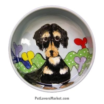 Dachshund Dog Bowl (Rich and littles). Ceramic Dog Bowls; Designer Dog Bowls; Cute Dog Bowls. Dog Bowls are Made in USA. Hand-painted. Lead Free. Microwave Safe. Dishwasher Safe. Food Safe. Pet Safe. Design features Dachshund dog breed.