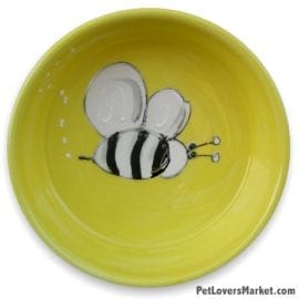 Buzzy Beez Dog Bowl. Part of Collection of Ceramic Dog Bowls; Designer Dog Bowls; Cute Dog Bowls. Dog Bowls are Made in USA. Hand-painted. Lead Free. Microwave Safe. Dishwasher Safe. Food Safe. Pet Safe. Design features Bumble Bee.