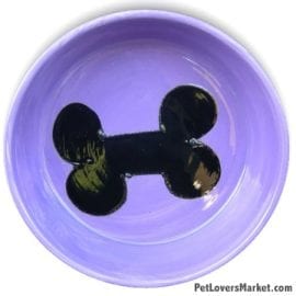 Purple with Black Bone Dog Bowl. Part of Collection of Ceramic Dog Bowls; Designer Dog Bowls; Cute Dog Bowls. Dog Bowls are Made in USA. Hand-painted. Lead Free. Microwave Safe. Dishwasher Safe. Food Safe. Pet Safe.