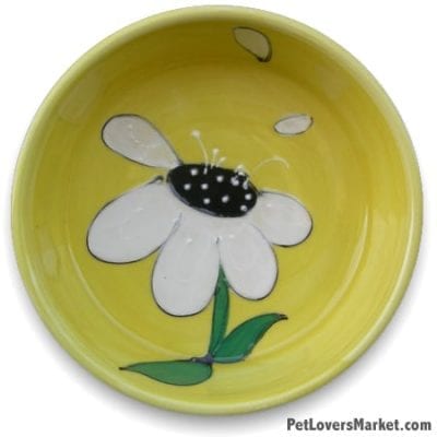 Daisy Dog Bowl. Part of Collection of Ceramic Dog Bowls; Designer Dog Bowls; Cute Dog Bowls. Dog Bowls are Made in USA. Hand-painted. Lead Free. Microwave Safe. Dishwasher Safe. Food Safe. Pet Safe. Design features flowers.