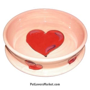 Hearts Dog Bowl. Part of Collection of Ceramic Dog Bowls; Designer Dog Bowls; Cute Dog Bowls. Dog Bowls are Made in USA. Hand-painted. Lead Free. Microwave Safe. Dishwasher Safe. Food Safe. Pet Safe.