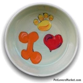Bone, Paw Print, Heart Bowl. Part of Collection of Ceramic Dog Bowls; Designer Dog Bowls; Cute Dog Bowls. Dog Bowls are Made in USA. Hand-painted. Lead Free. Microwave Safe. Dishwasher Safe. Food Safe. Pet Safe.