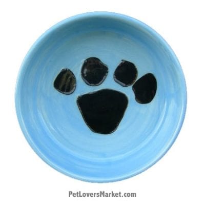 Blue with Black Paw Print. Part of Collection of Ceramic Dog Bowls; Designer Dog Bowls; Cute Dog Bowls. Dog Bowls are Made in USA. Hand-painted. Lead Free. Microwave Safe. Dishwasher Safe. Food Safe. Pet Safe.