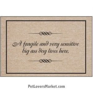 Funny doormats / dog placemats: "A fragile and very sensitive big ass dog lives here". Add funny doormats and dog placemats to your dog home decor! Our dog placemats and funny doormats feature funny dog quotes and dog pictures.