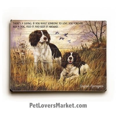 English Springer Spaniels - Dog Picture, Dog Print, Dog Art. "There's a saying. If you want someone to love you forever, buy a dog, feed it and keep it around." - Dick Dale (famous dog quotes). Wall Art and Wooden Signs with Dog Pictures and Dog Quotes. Features the English Springer Spaniel Dog Breed.