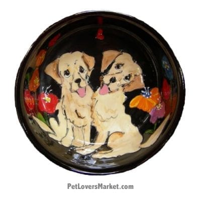 Golden Retriever Dog Bowl (Double Dobbers). Ceramic Dog Bowls; Designer Dog Bowls; Cute Dog Bowls. Dog Bowls are Made in USA. Hand-painted. Lead Free. Microwave Safe. Dishwasher Safe. Food Safe. Pet Safe. Design features Golden Retriever dog breed.