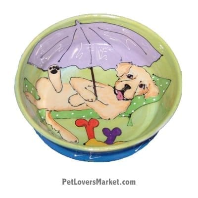 Golden Retriever Dog Bowl (Goldy's Beach Break). Ceramic Dog Bowls; Designer Dog Bowls; Cute Dog Bowls. Dog Bowls are Made in USA. Hand-painted. Lead Free. Microwave Safe. Dishwasher Safe. Food Safe. Pet Safe. Design features Golden Retriever dog breed.