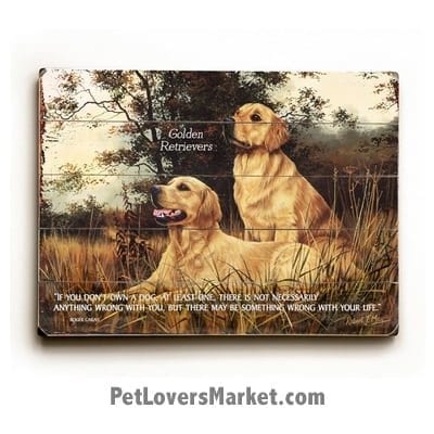 Golden Retrievers - Dog Picture, Dog Print, Dog Art. "If you don't own a dog, at least one, there is not necessarily anything wrong with you, but there may be something wrong with your life." - Roger Caras (famous dog quotes). Wall Art and Wooden Signs with Dog Pictures and Dog Quotes. Features the Golden Retriever dog breed.