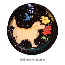 Golden Retriever Dog Bowl (Oro Floro). Ceramic Dog Bowls; Designer Dog Bowls; Cute Dog Bowls. Dog Bowls are Made in USA. Hand-painted. Lead Free. Microwave Safe. Dishwasher Safe. Food Safe. Pet Safe. Design features Golden Retriever dog breed.