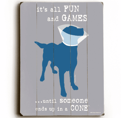 "It's all fun and games until someone ends up in a cone." Funny dog signs with funny dog quotes. Gifts for dog lovers. High quality dog print on wood.