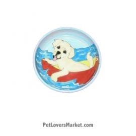 Yellow Labrador Dog Bowl (Labber Dabbles). Ceramic Dog Bowls; Designer Dog Bowls; Cute Dog Bowls. Dog Bowls are Made in USA. Hand-painted. Lead Free. Microwave Safe. Dishwasher Safe. Food Safe. Pet Safe. Design features Yellow Labrador dog breed.