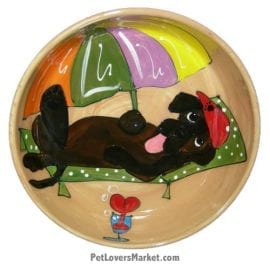 Chocolate Labrador Dog Bowl (Raisin Crispin). Ceramic Dog Bowls; Designer Dog Bowls; Cute Dog Bowls. Dog Bowls are Made in USA. Hand-painted. Lead Free. Microwave Safe. Dishwasher Safe. Food Safe. Pet Safe. Design features Chocolate Labrador dog breed.