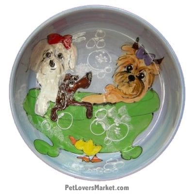 Dog Bowl (Lather Dither - Dog Bath). Ceramic Dog Bowls; Designer Dog Bowls; Cute Dog Bowls. Dog Bowls are Made in USA. Hand-painted. Lead Free. Microwave Safe. Dishwasher Safe. Food Safe. Pet Safe. Design features Yorkshire Terrier dog breed and other dogs.
