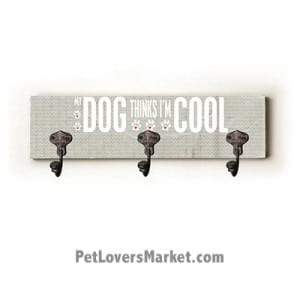 Wall Hooks for Dog Lovers: "My dog thinks I'm cool". Use as coat hooks, wall mounted coat rack, key holder, key rack, leash holder, gifts for dog lovers. LONG version.