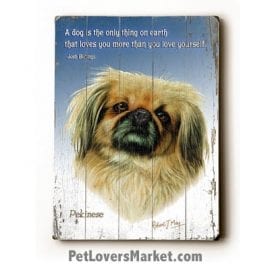 Pekingese - Dog Picture, Dog Print, Dog Art. 'A dog is the only thing on earth that loves you more than he loves himself.' - Josh Billings (famous dog quotes). Wall Art and Wooden Signs with Dog Pictures and Dog Quotes. Features the Pekingese dog breed.