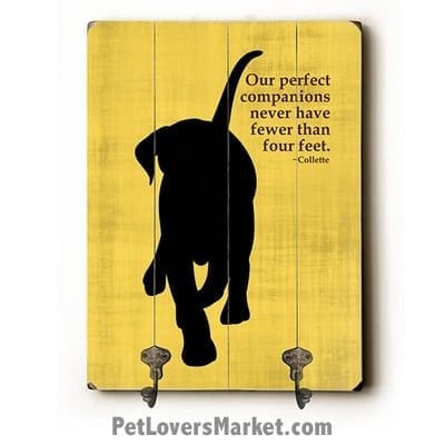 Dog Sign with Wall Hooks for Dog Lovers: "Our perfect companions never have fewer than four feet". Use as coat hooks, wall mounted coat rack, key holder, key rack, leash holder, gifts for dog lovers.