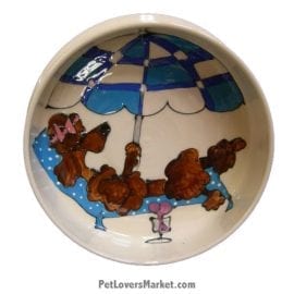 Poodle Dog Bowl (Kiki - Brown Poodle). Ceramic Dog Bowls; Designer Dog Bowls; Cute Dog Bowls. Dog Bowls are Made in USA. Hand-painted. Lead Free. Microwave Safe. Dishwasher Safe. Food Safe. Pet Safe. Design features Poodle dog breed.