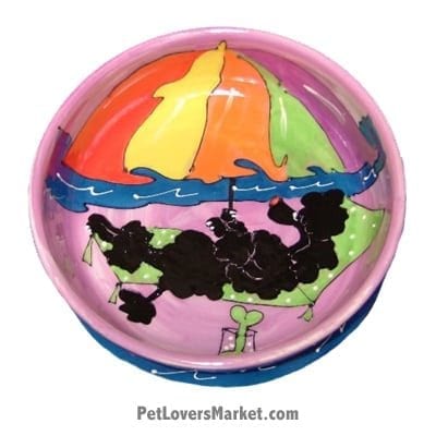 Poodle Dog Bowl (Ms Fidget - Black Poodle). Ceramic Dog Bowls; Designer Dog Bowls; Cute Dog Bowls. Dog Bowls are Made in USA. Hand-painted. Lead Free. Microwave Safe. Dishwasher Safe. Food Safe. Pet Safe. Design features Poodle dog breed. Dog Beach. Beach Dog.