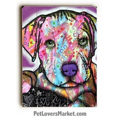 Dog Art by Dean Russo: Baby Pit Bull. Dog Print / Dog Painting by Dean Russo. Russo Art. Dog Art. Dog Pop Art. Dog Prints. Dog Sign. Wooden Sign. Print on Wood. Pit Bull dog breed.