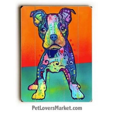 Dog Art by Dean Russo: Boston Terrier Puppy "On My Own". Dog Print / Dog Painting by Dean Russo. Russo Art. Dog Art. Dog Pop Art. Dog Prints. Dog Sign. Wooden Sign. Print on Wood. Boston Terrier dog breed.