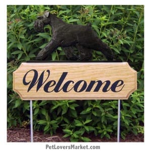 Welcome Sign with Schnauzer (Black). Welcome sign and dog sign for dog lovers. Welcome sign is perfect for home and garden decor, garden accents, outdoor accents, unique garden statues, garden statues online, best garden decor, garden stake decor, decorative garden stake, outdoor home accents, unique garden decor, outdoor home decor. Features Schnauzer dog breed.