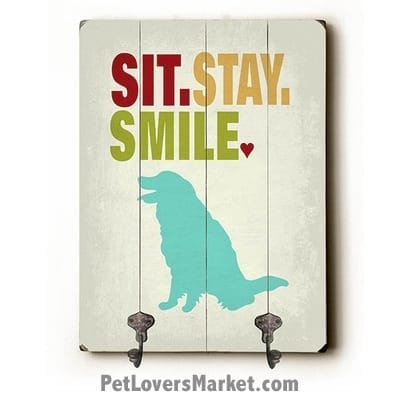 Dog Sign with Wall Hooks for Dog Lovers: "Sit Stay Smile". Use as coat hooks, wall mounted coat rack, key holder, key rack, leash holder, gifts for dog lovers.