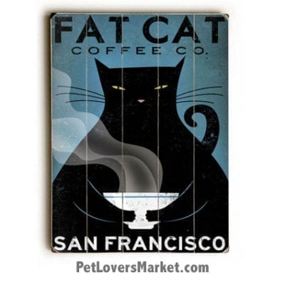 Fat Cat Coffee - Vintage Ad / Wooden Sign with Vintage Cat