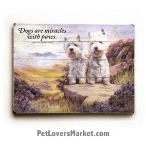Westies (West Highland Terriers) - Dog Picture, Dog Print, Dog Art. “Dogs are miracles with paws.” ― Susan Kennedy (famous dog quotes). Wall Art and Wooden Signs with Dog Pictures and Dog Quotes. Features the West Highland Terrier (Westie) dog breed.