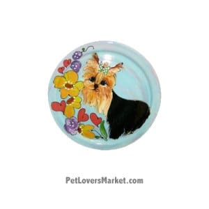 Yorkie Dog Bowl (Finkles). Ceramic Dog Bowls; Designer Dog Bowls; Cute Dog Bowls. Dog Bowls are Made in USA. Hand-painted. Lead Free. Microwave Safe. Dishwasher Safe. Food Safe. Pet Safe. Design features Yorkshire Terrier dog breed.