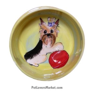 Yorkie Dog Bowl (Alfinkle). Ceramic Dog Bowls; Designer Dog Bowls; Cute Dog Bowls. Dog Bowls are Made in USA. Hand-painted. Lead Free. Microwave Safe. Dishwasher Safe. Food Safe. Pet Safe. Design features Yorkshire Terrier dog breed.