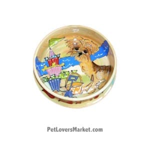 Yorkie Dog Bowl (Eloise by the Sea - Beach Dog). Ceramic Dog Bowls; Designer Dog Bowls; Cute Dog Bowls. Dog Bowls are Made in USA. Hand-painted. Lead Free. Microwave Safe. Dishwasher Safe. Food Safe. Pet Safe. Design features Yorkshire Terrier dog breed. Beach dog at dog beach.