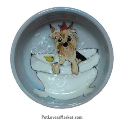 Yorkie Dog Bowl (Terrytwinkles - Dog Bath). Ceramic Dog Bowls; Designer Dog Bowls; Cute Dog Bowls. Dog Bowls are Made in USA. Hand-painted. Lead Free. Microwave Safe. Dishwasher Safe. Food Safe. Pet Safe. Design features Yorkshire Terrier dog breed. Dog Bath.